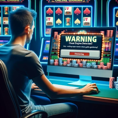 Représentant une personne devant un écran d'ordinateur avec un message d'alerte indiquant la détection de Cheat Engine dans un casino en ligne