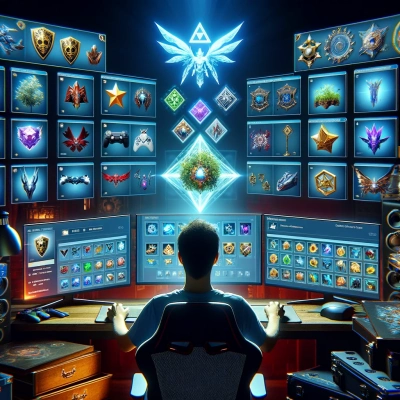 un joueur concentré dans une installation de jeu, entouré d'écrans affichant une riche collection d'objets virtuels rares