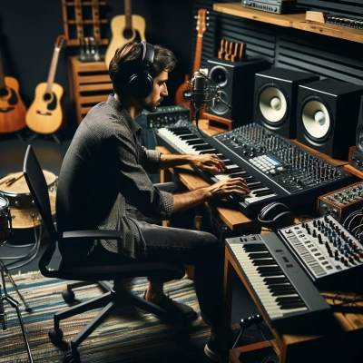 Un compositeur dans un studio de musique, qui se concentre sur la création d'une bande sonore de jeu vidéo.