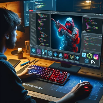 Représentation d'un joueur devant son ordinateur, profondément impliqué dans la modification d'un jeu.