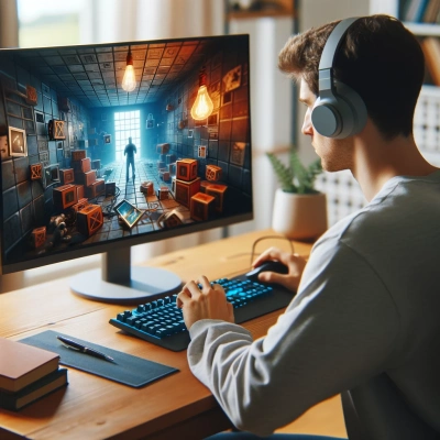 Une personne est profondément engagée dans un jeu d'évasion virtuelle sur son ordinateur à la maison.
