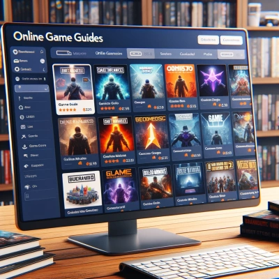 un espace de travail bien organisé avec un écran d'ordinateur affichant un guide de jeu complet