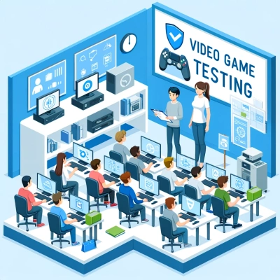 Représentation d'une salle de classe où des élèves apprennent à tester des jeux vidéo