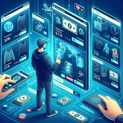 un utilisateur naviguant sur une plate-forme de commerce numérique, remplie de divers articles virtuels à vendre
